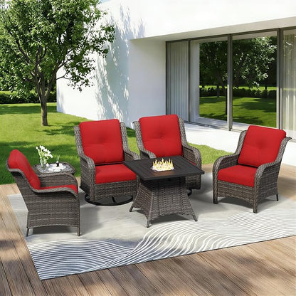 6 Pieces Outdoor Wicker Patio Furniture Set with Fire Pit Table, Patio Chair Set with Thickened Olefin Cushions, High Back and Deep Seating, Hand-Woven PE Rattan for Porch, Deck