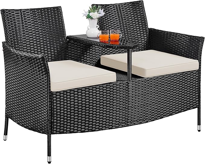Yaheetech Patio Loveseat, Outdoor Wicker Double Chair w/Side Table, PE Rattan Furniture Set for Two People, Love Seat w/2 Removable Cushions & 1 Tempered Glass Side Table, Black/Beige
