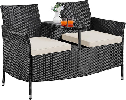 Yaheetech Patio Loveseat, Outdoor Wicker Double Chair w/Side Table, PE Rattan Furniture Set for Two People, Love Seat w/2 Removable Cushions & 1 Tempered Glass Side Table, Black/Beige