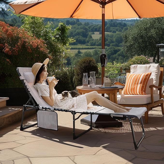 Foldable Patio Lounge Chair with Arm Hole and Face Hole, Portable Outdoor Tanning Chair with Detachable Pocket and Pillow for Beach, Pool and Patio, Cream White