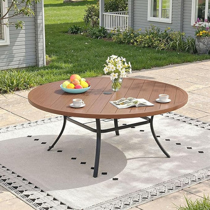Outdoor Dining Table for 8, 63" Round Outdoor Table with Adjustable Umbrella Hole, All-Weather Metal Patio Dining Table for Lawn Garden Backyard Deck, Walnut