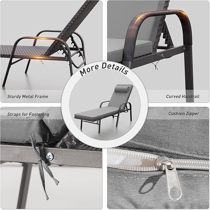 ALAULM 3 Pieces Outdoor Chaise Lounge Set Rattan Wicker Adjustable Pool Lounge Chair w/Folding Table,Patio Armrest Recliner for Beach, Poolside,Grey