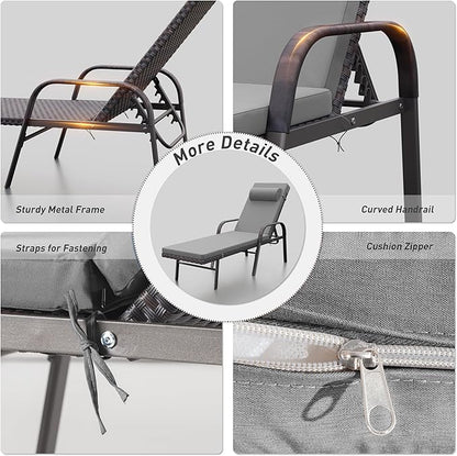 ALAULM 3 Pieces Outdoor Chaise Lounge Set Rattan Wicker Adjustable Pool Lounge Chair w/Folding Table,Patio Armrest Recliner for Beach, Poolside,Grey