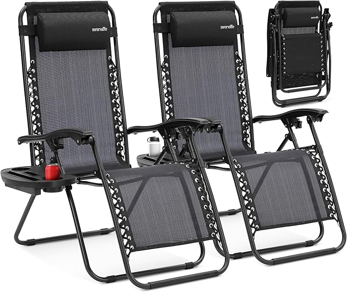SereneLife Zero Gravity Outdoor Lounge Chairs 2 Pack – Folding Recliners with Side Table - Photo 1