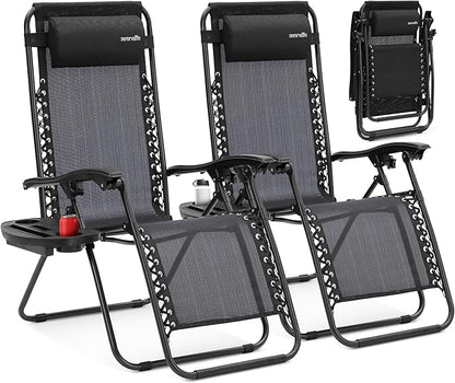 SereneLife Zero Gravity Outdoor Lounge Chairs 2 Pack – Folding Recliners with Side Table, Cup Holder & Padded Headrest – Adjustable Patio Chairs for Lawn, Garden, Deck, Camping (Black)