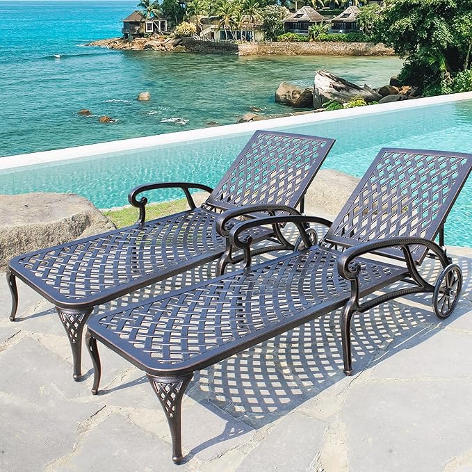 HOMEFUN Chaise Lounge Chair Outdoor, Poolside Lounger Set of 2 Cast Aluminum Tanning Chairs with Adjustable Backrest and Moveable Wheels, Bronze