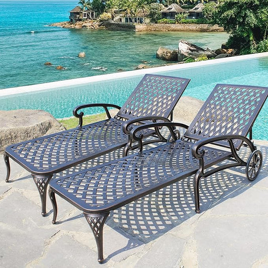 HOMEFUN Chaise Lounge Chair Outdoor, Poolside Lounger Set of 2 Cast Aluminum Tanning Chairs with Adjustable Backrest and Moveable Wheels, Bronze