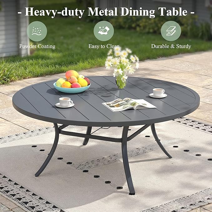 Outdoor Dining Table for 8, 60" Round Outdoor Table with Adjustable Umbrella Hole, All-Weather Metal Patio Dining Table for Lawn Garden Backyard Deck, Dark Grey