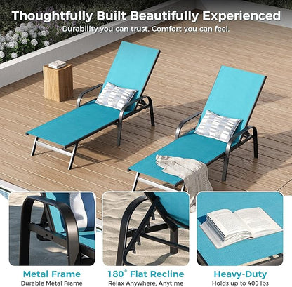 Outdoor Lounge Chair, Adjustable Patio Reclining Chaise with Textilene Fabric, Pool Lounge Chair with 5-Position Backrest for Patio, Garden, Poolside & Balcony,Sky Blue Set of 2
