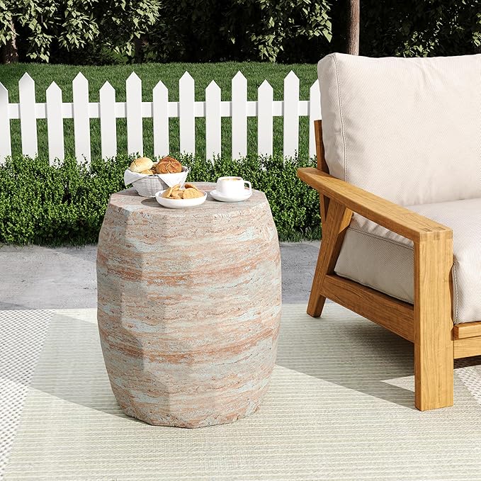 Christopher Knight Home Jaym 18.25" H Indoor Outdoor Accent Side Table, Patio Decorative End Table, Polygon Lightweight Concrete Garden Stool for Patio Balcony & Garden Decor, Travertine