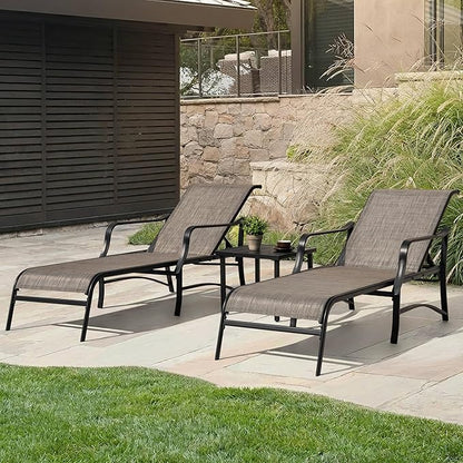 NUU GARDEN Outdoor Chaise Lounge Set of 3, Textilene Patio Chaise Lounges with 5-Level Adjustable Backrest, Outdoor Chaise Lounge Chairs, Sunbathing Loungers, Side Table Included, Black and Brown