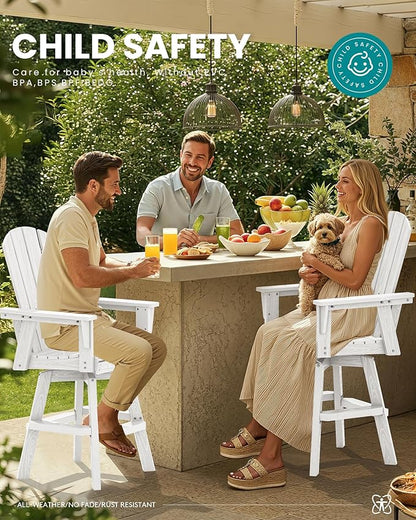 SERWALL Swivel Adirondack Barstools Set of 2, HDPE Outdoor Swivel Bar Chairs Set of 2 for Patio, Poolside, Garden, White