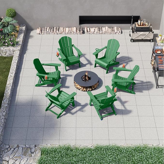 Folding Adirondack Chairs with Cup Holders, Set of 4 HDPE Plastic Outdoor Chairs, Weather Resistant, Real Wood Look - Photo 6