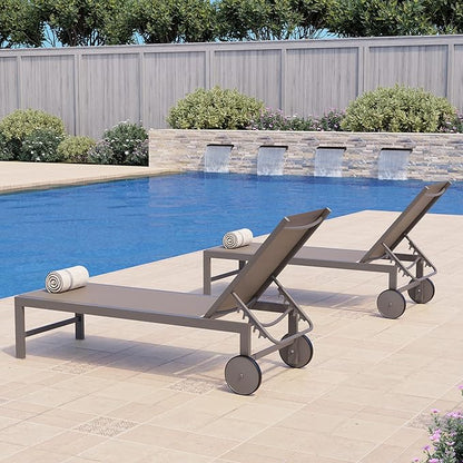 QAQA 2 PCS Outdoor Chaise Lounge with Wheels, Aluminum Patio Lounge Chair with 5 Adjustable Positions for Poolside, Beach, Yard, Khaki