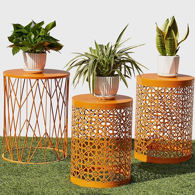 Y&M Set of 3 Meatal Round Side Tables, Multifunctional Coffee Table End Table for Indoor, Outdoor Garden Stool-Orange - Photo 1