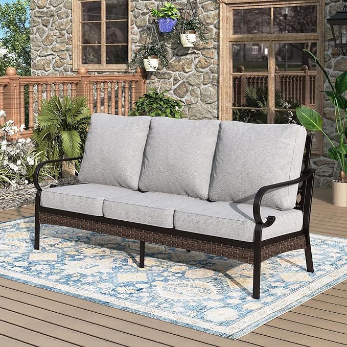Patio Furniture Sofa, 3-Seat Patio Sofa Steel Frame Outdoor Sectional Couch with Deep Seating and 5.75” Cushions for - Photo 1
