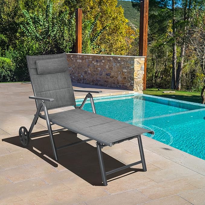 Tangkula 2 Pieces Patio Chaise Lounge W/Wheels, Outdoor Folding Padded Lounge Chair W/ 7-Position Backrest - Photo 4