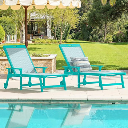 LUE BONA Chaise Lounge Chair Outdoor Set of 2, HDPS and HDPE Wicker Chaise Lounger with 5 Positions, Pool Lounge Chairs with Wheels and Adjustable Backrest for Patio, Poolside, Deck, Backyard