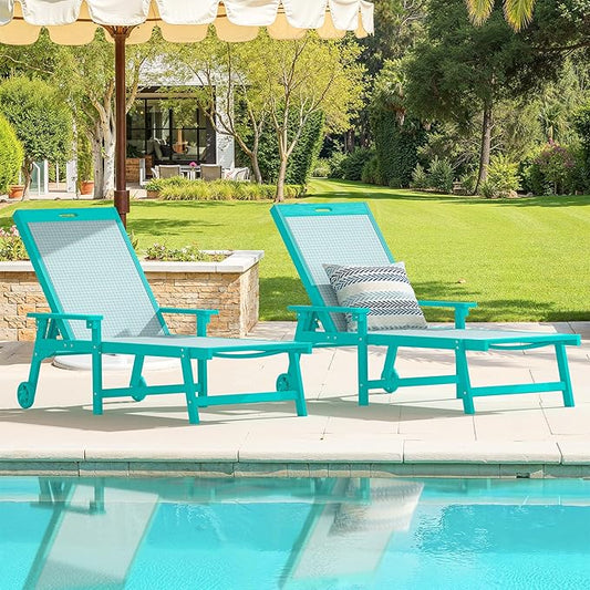 LUE BONA Chaise Lounge Chair Outdoor Set of 2, HDPS and HDPE Wicker Chaise Lounger with 5 Positions, Pool Lounge Chairs with Wheels and Adjustable Backrest for Patio, Poolside, Deck, Backyard