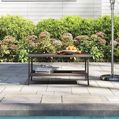 Kiss the Water Metal Outdoor Coffee Table, 2-Tier Storage Square Patio Side Table, All-Weather Coffee Side Table for Patio End Porch Backyard Garden, Khaki/Large