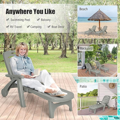 COSTWAY Folding Chaise Lounge Chair 5-Position Adjustable Recliner Grey