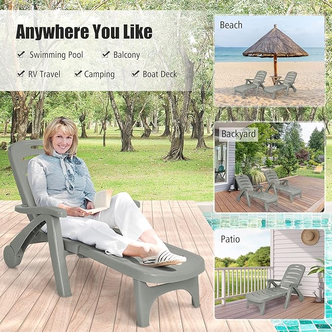 Giantex Patio Chaise Lounge Recliner on Wheels, Folding Deck Chair with Armrests, 5 Adjustable Positions for Poolside, Yard, Garden Rolling Outdoor Lounger Sunbathing Beach Chair(1, Gray)