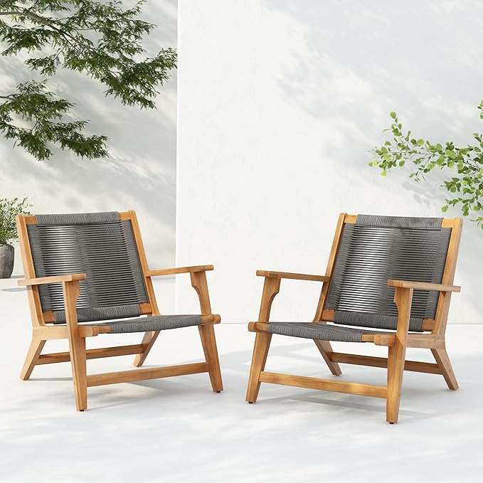 Christopher Knight Home Veera Patio Lounge Chair Set of 2, Acacia Wood Frame, Handwoven Rope, Mid-Century Modern, Dark Grey & Teak