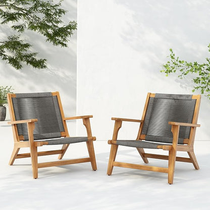 Christopher Knight Home Veera Patio Lounge Chair Set of 2, Acacia Wood Frame, Handwoven Rope, Mid-Century Modern, Dark Grey & Teak