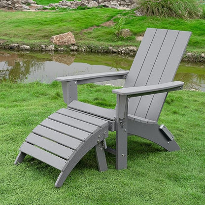 Folding Adirondack Chair with Ottoman Weather Resistant Foldable Fire Pit Chairs with Footrest HDPE Outdoor Adirondack Chair for Patio Front Porch Pool Garden Deck Fire Pit Outside,Gray