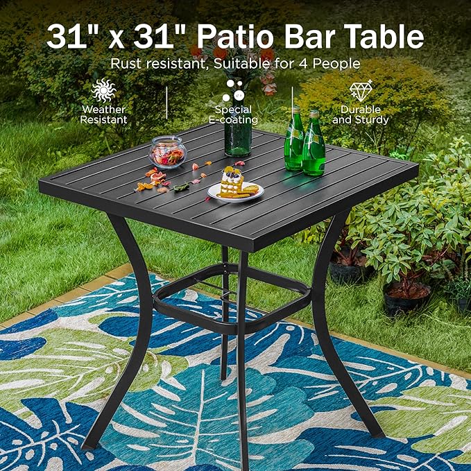 PHI VILLA 3 Piece Outdoor Bar Furniture Set, Counter Height Patio Bar Bistro Table (Square) & Rattan Wicker Bar Stools Chairs with All Weather Cushions for Backyard, Deck and Porch