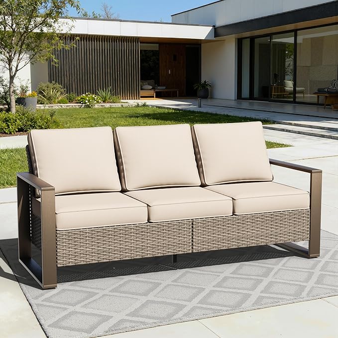 75" Patio Metal Wicker Sofa, All Weather Outdoor Rattan 3-Seat Sofa Couch with Premium Cushions & Rectangular Framed - Photo 9