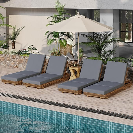 Merax 4-Piece Acacia Wood Chaise Lounge Set w/ 6-Position Adjustable Backrest & Cushion - Outdoor Patio Poolside Furniture, Grey