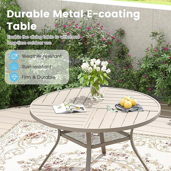 Patio Dining Table for 4-6, Round Metal Outdoor Table with Storage Shelf, 1.57" Umbrella Hole, 47" Outdoor Quartered Tabletop Dining Table for Backyard, Porch, Lawn, Sand