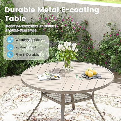 Patio Dining Table for 4-6, Round Metal Outdoor Table with Storage Shelf, 1.57" Umbrella Hole, 47" Outdoor Quartered Tabletop Dining Table for Backyard, Porch, Lawn, Sand