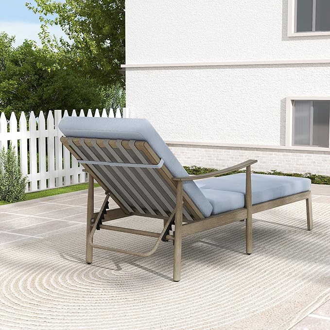 HAPPATIO Outdoor Chaise Lounge Set of 3, Aluminum Pool Chair with Adjustable Backrest and Cushion, Curved Armrest, Outdoor Lounge Chairs with Side Table for Beach, Yard, Poolside (Brown)