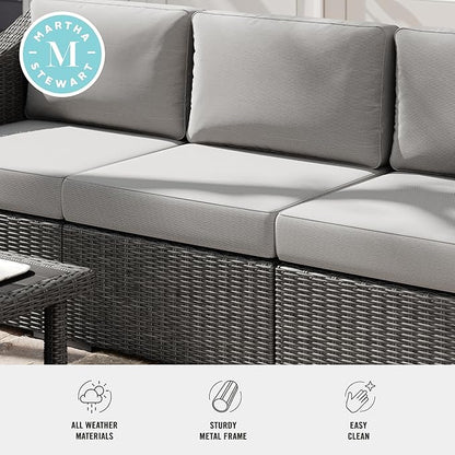 Martha Stewart Bedford Indoor-Outdoor Modular Patio Sectional Sofa Center Seat with Rattan Wicker Finish in Gray with Gray All-Weather Cushions