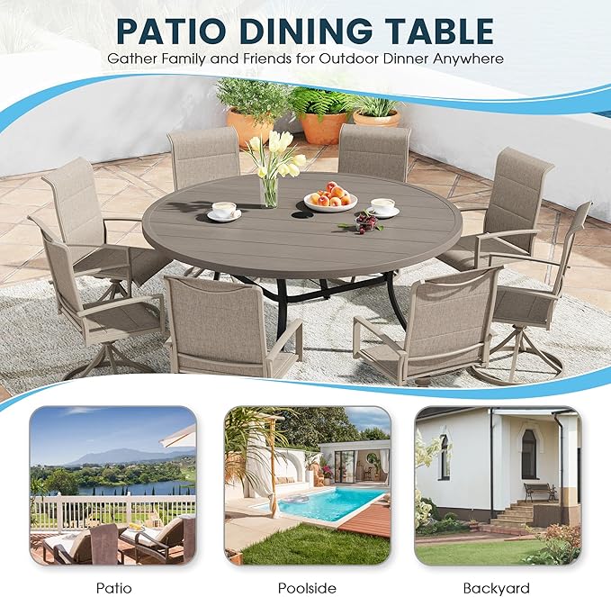 Patio Dining Table for 8-10, Round Metal Outdoor Table with 1.57" Umbrella Hole, 60" Outdoor Slat Tabletop Dining Table for Backyard, Porch, Lawn, Grey