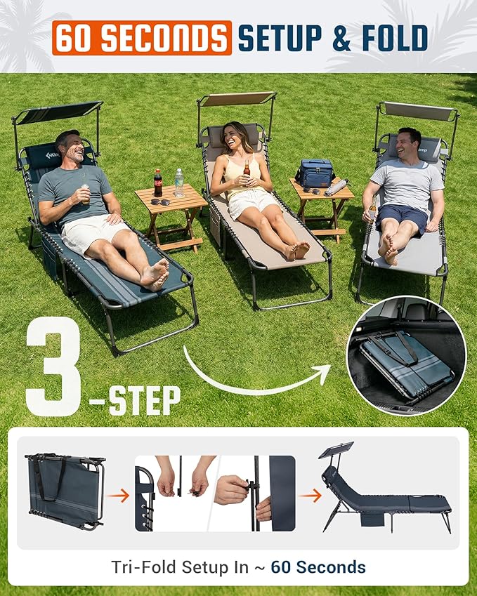 KingCamp Lounge Chair with face Hole & Canopy Shade, 400LBS Folding Portable Tanning Chair with face Hole, Adjustable 5-Position Foldable Beach Sun Tanning Chair for Outside Beach Patio Outdoor Pool
