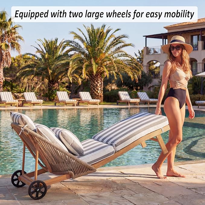 Patio Chaise Lounge Chair with Wheels, Outdoor Lounge Chairs with Thick Cushions, Patio Chaise Lounger Outdoor Handwoven Rope Armrests, Wicker Chairs for Outside, Poolside, Deck, Stripe