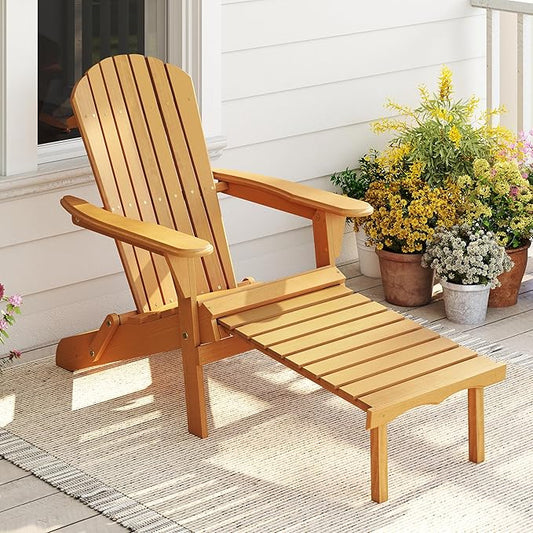 Outdoor Wooden Folding Adirondack Chair with Retractable Ottoman, Wood Patio Chair with Footrest for Garden Backyard Porch Pool Deck Firepit