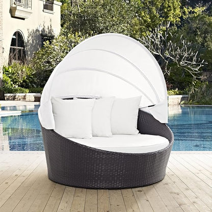 Modway Convene Wicker Rattan Outdoor Patio Retractable Canopy Round Poolside Sofa Daybed in Espresso White