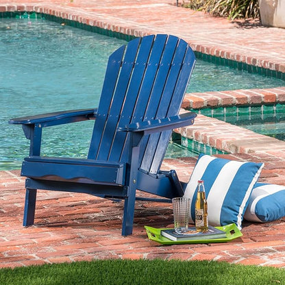 Folding Adirondack Chair, Outdoor Blue Adirondack Chairs with Wood Texture, Acacia Wood Fire Pit Chairs, All Weather, for Deck Backyard Patio Outdoor Garden