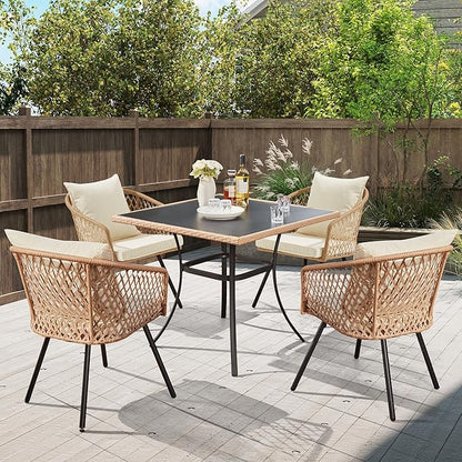 ECOTOUGE 35.2" Square Patio Table, Outdoor Wicker Dining Desk with Tempered Glass Top for 4-5 Persons, Bistro Rattan Furniture Garden Table for Balcony, Backyard, and Sunroom - Black Metal Steel Slat