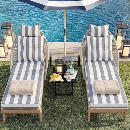 Patio Chaise Lounge Chair with Wheels, Outdoor Lounge Chairs with Thick Cushions, Patio Chaise Lounger Outdoor Handwoven Rope Armrests, Wicker Chairs for Outside, Poolside, Deck, Stripe