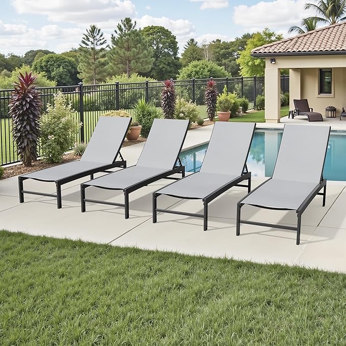 Crestlive Products Chaise Lounge Chair Outdoor Set of 4, Adjustable 5 Positions Pool Lounge Chairs, Metal Tanning Recliner, Outdoor Furniture All Weather for Patio, Beach, Yard, Pool(Light Grey)