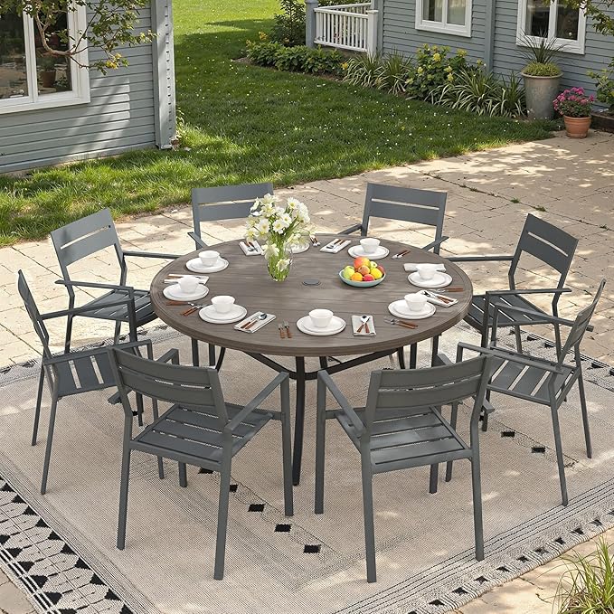 Outdoor Dining Table for 8, 53" Round Outdoor Table with Adjustable Umbrella Hole, All-Weather Metal Patio Dining Table for Lawn Garden Backyard Deck, Grey