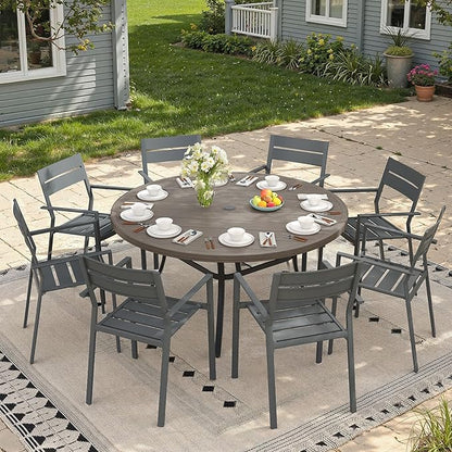 Outdoor Dining Table for 8, 53" Round Outdoor Table with Adjustable Umbrella Hole, All-Weather Metal Patio Dining Table for Lawn Garden Backyard Deck, Grey