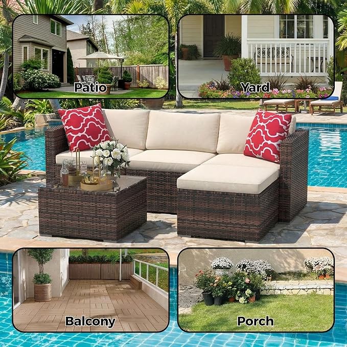 5-Piece Patio Sectional Sofa Set, All-Weather Brown PE Rattan Outdoor Conversation Furniture with Neutral-Tone Cushions - Photo 5