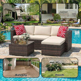 5-Piece Patio Sectional Sofa Set, All-Weather Brown PE Rattan Outdoor Conversation Furniture with Neutral-Tone Cushions - Photo 5