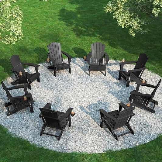 Folding Adirondack Chair Set of 8,HDPE All-Weather Outdoor Chair with Cup Holder,Wooden Textured,Fire Pit Chair,Plastic Patio Chair for Deck,Backyard,Garden,Lawn(Black)